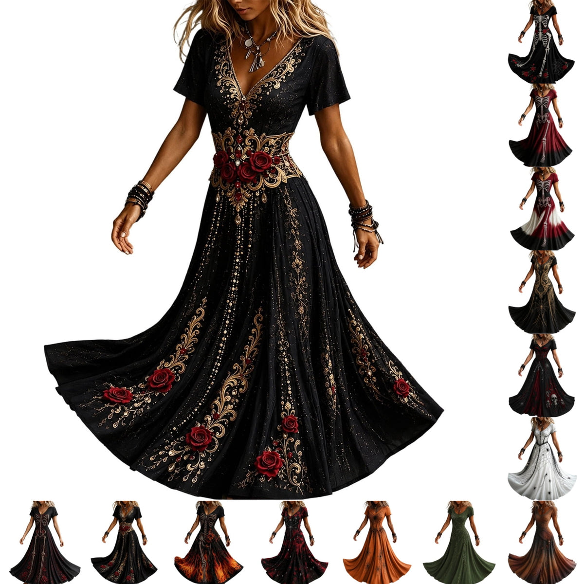KICILVS Gothic Clothes For Women Black Spiderweb And Spider Print Flowing V Neck Long Maxi Dress Halloween Cosplay Gothic Party Dress