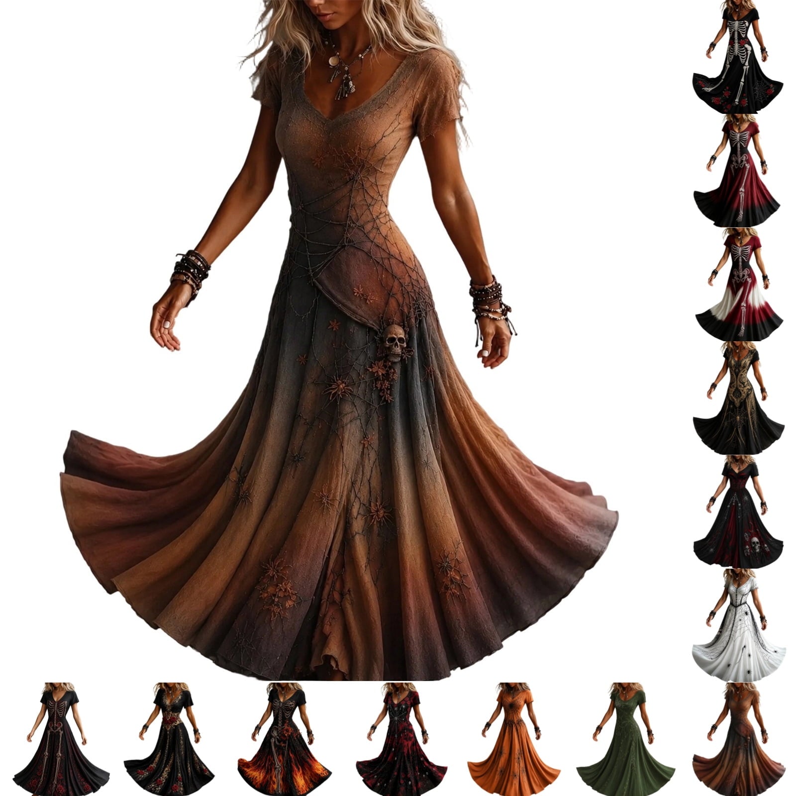 KICILVS Gothic Clothes For Women Black Spiderweb And Spider Print Flowing V Neck Long Maxi Dress Halloween Cosplay Gothic Party Dress