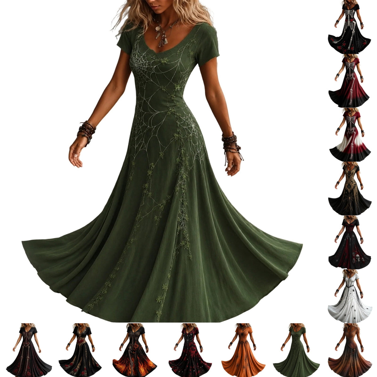 KICILVS Gothic Clothes For Women Black Spiderweb And Spider Print Flowing V Neck Long Maxi Dress Halloween Cosplay Gothic Party Dress