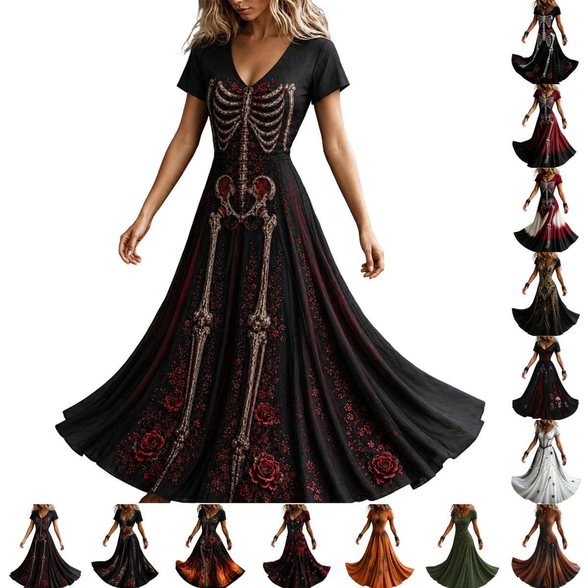 KICILVS Gothic Clothes For Women Black Spiderweb And Spider Print Flowing V Neck Long Maxi Dress Halloween Cosplay Gothic Party Dress