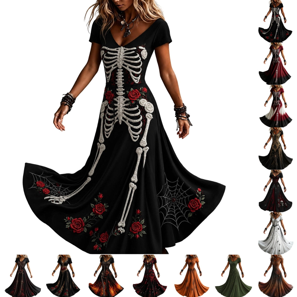KICILVS Gothic Clothes For Women Black Spiderweb And Spider Print Flowing V Neck Long Maxi Dress Halloween Cosplay Gothic Party Dress
