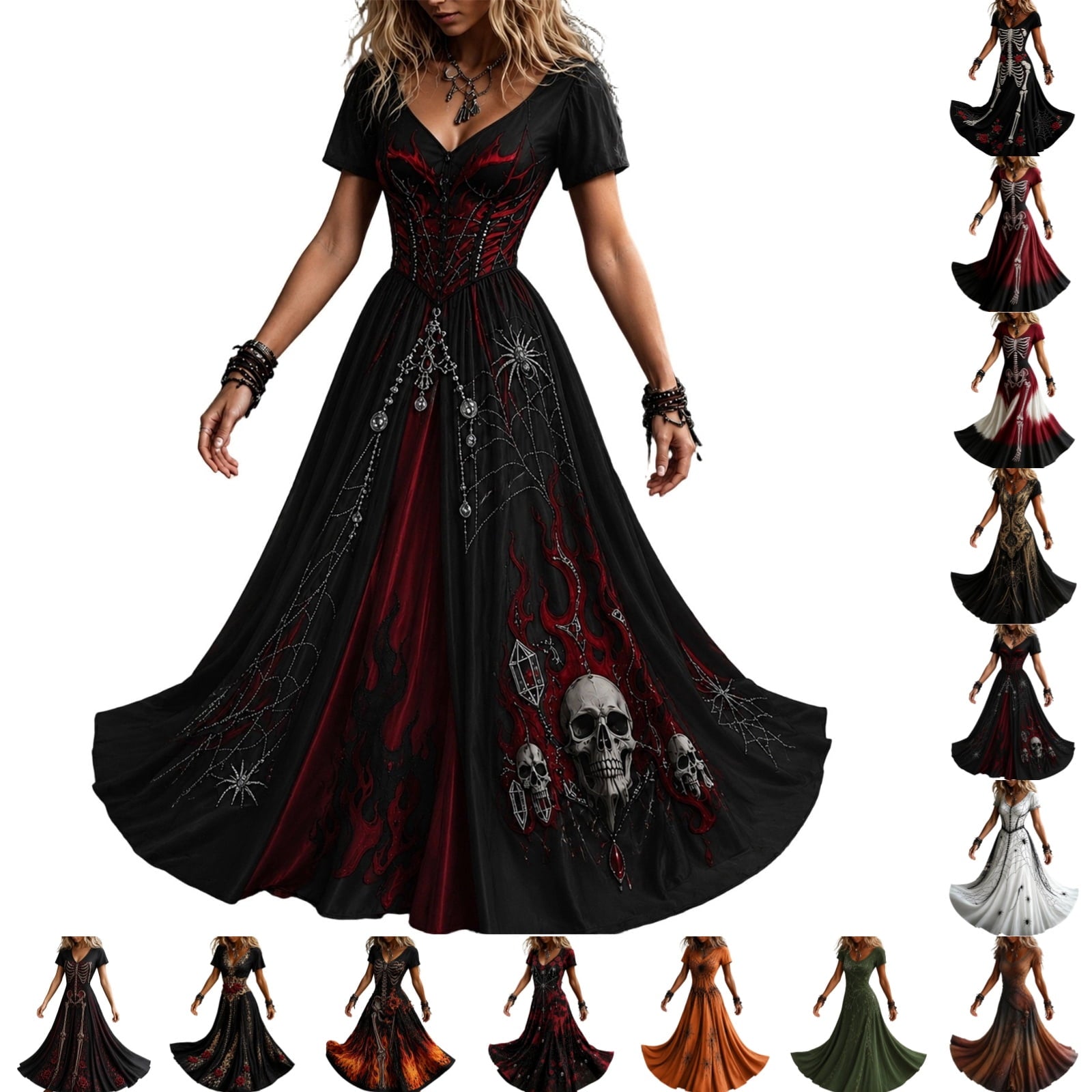 KICILVS Gothic Clothes For Women Black Spiderweb And Spider Print Flowing V Neck Long Maxi Dress Halloween Cosplay Gothic Party Dress