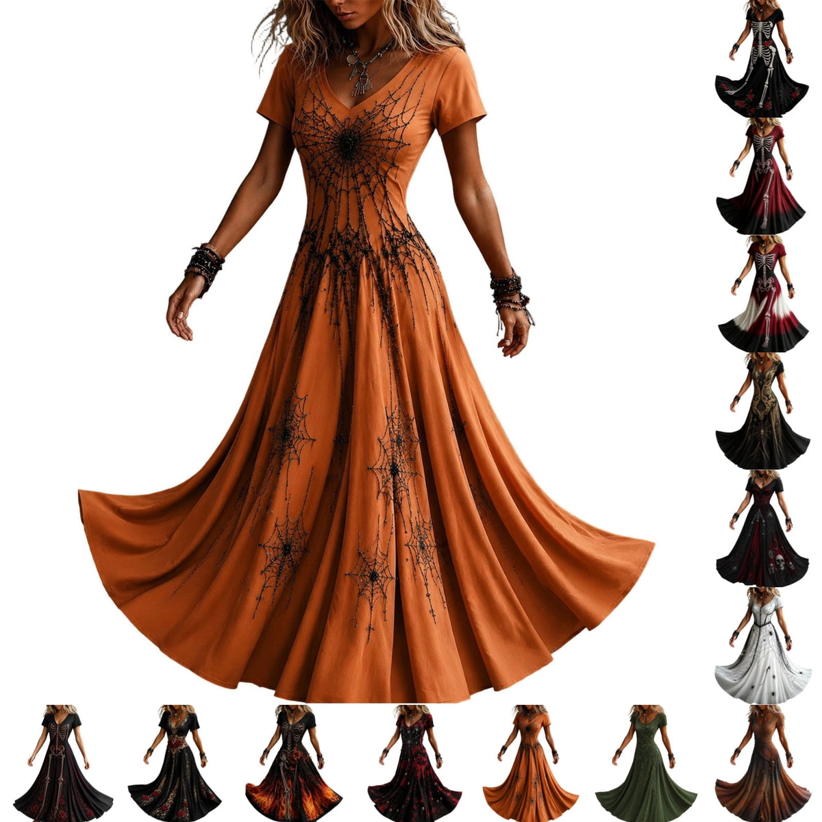 KICILVS Gothic Clothes For Women Black Spiderweb And Spider Print Flowing V Neck Long Maxi Dress Halloween Cosplay Gothic Party Dress