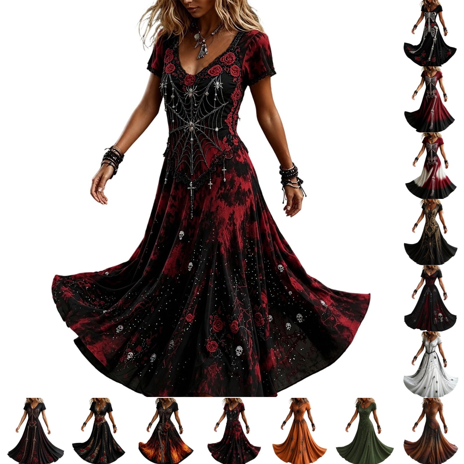 KICILVS Gothic Clothes For Women Black Spiderweb And Spider Print Flowing V Neck Long Maxi Dress Halloween Cosplay Gothic Party Dress