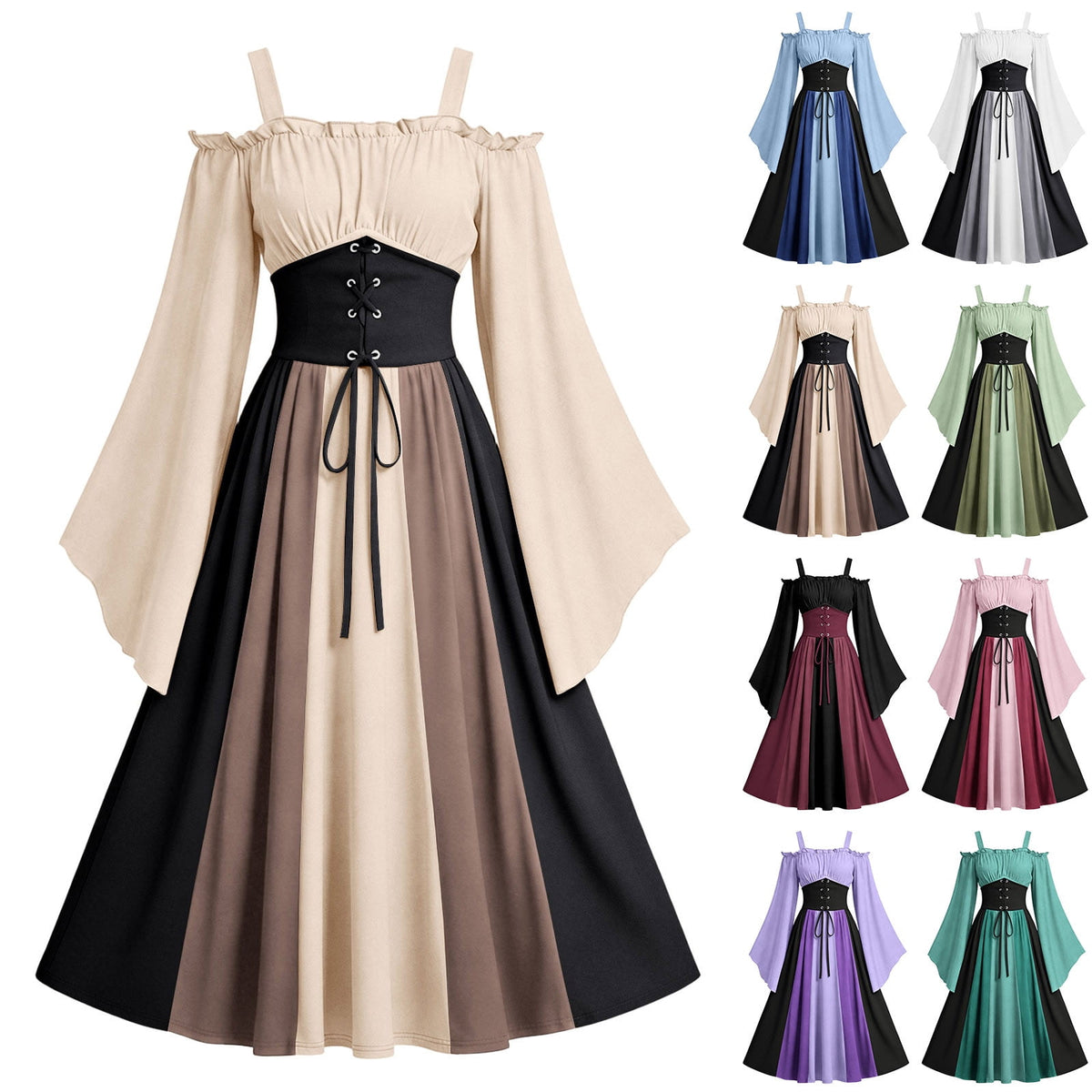 Gothic Dresses for Women Medieval Renaissance Halloween Costume Lace Up Corset High Low Ruffle Hem Square Neck Vintage Gown