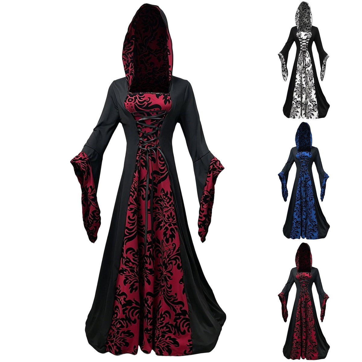 KICILVS Witch Costume Women Hooded Gothic Robe Corset Waist Bell Sleeve Maxi Length Damask Print Vampire Cloak Outfit White