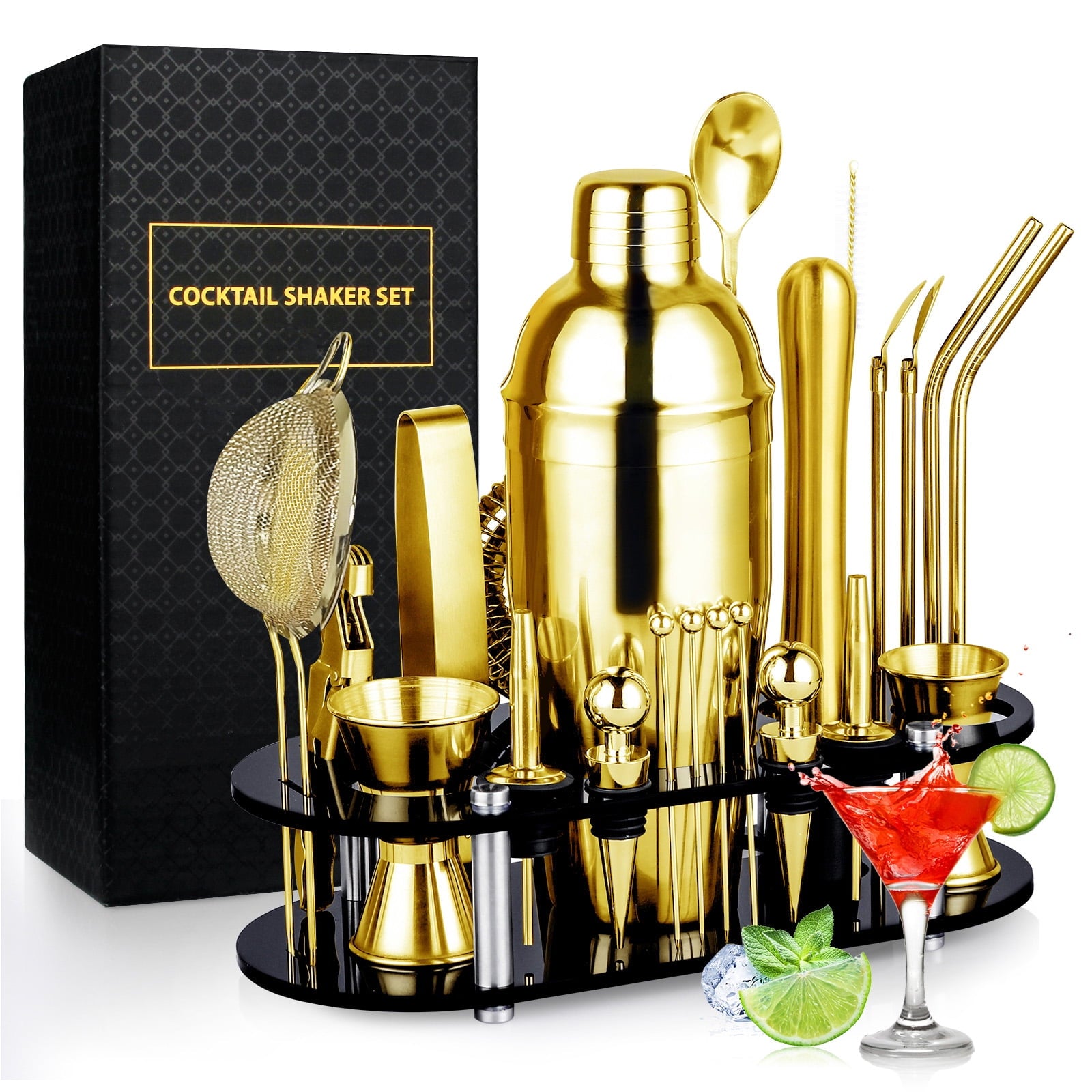 Biemlerfn 25-Piece Cocktail Shaker Set, Mixology Bartender Kit with Acrylic Stand Stainless Steel Bar Tools, Full Bartender Accessories and Recipe Book
