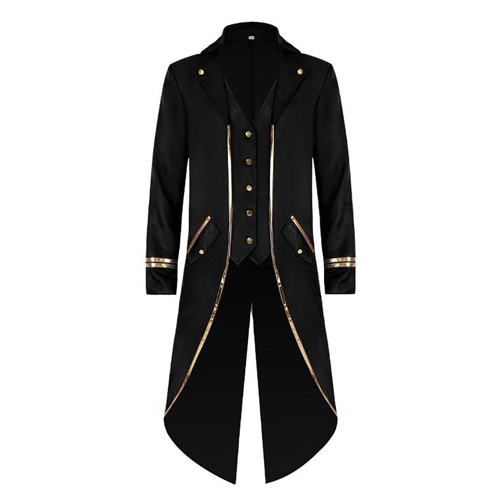 KeShDi Tuxedo Medieval Vintage Steampunk Gold Trimmed Gothic Retro Punk Style Steampunk Tailcoat Renaissance Pirate Warlock Frock Coat Halloween Men Costume Mid Length Tuxedo Costume Red L