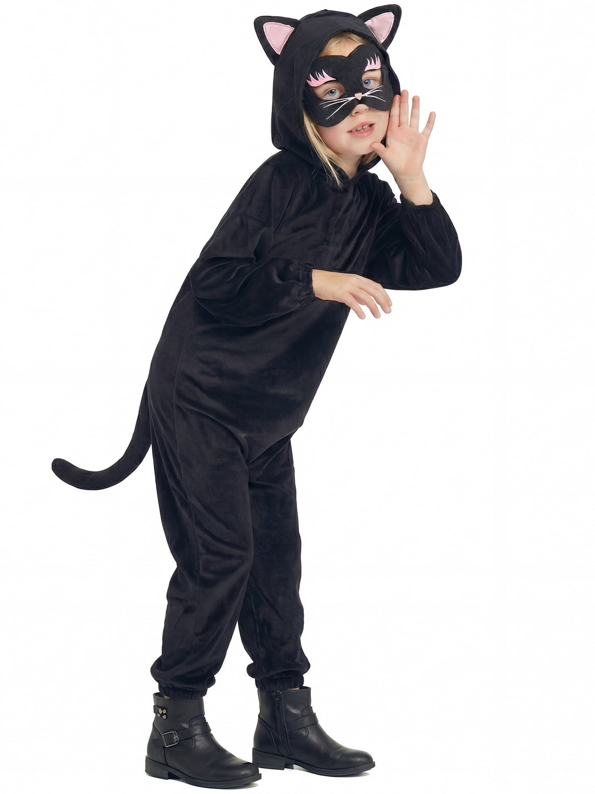 Kids Black Cat Costume with Hero Mask, Kitties Jumpsuit Fancy Dress Outfit Boys Girls for Halloween