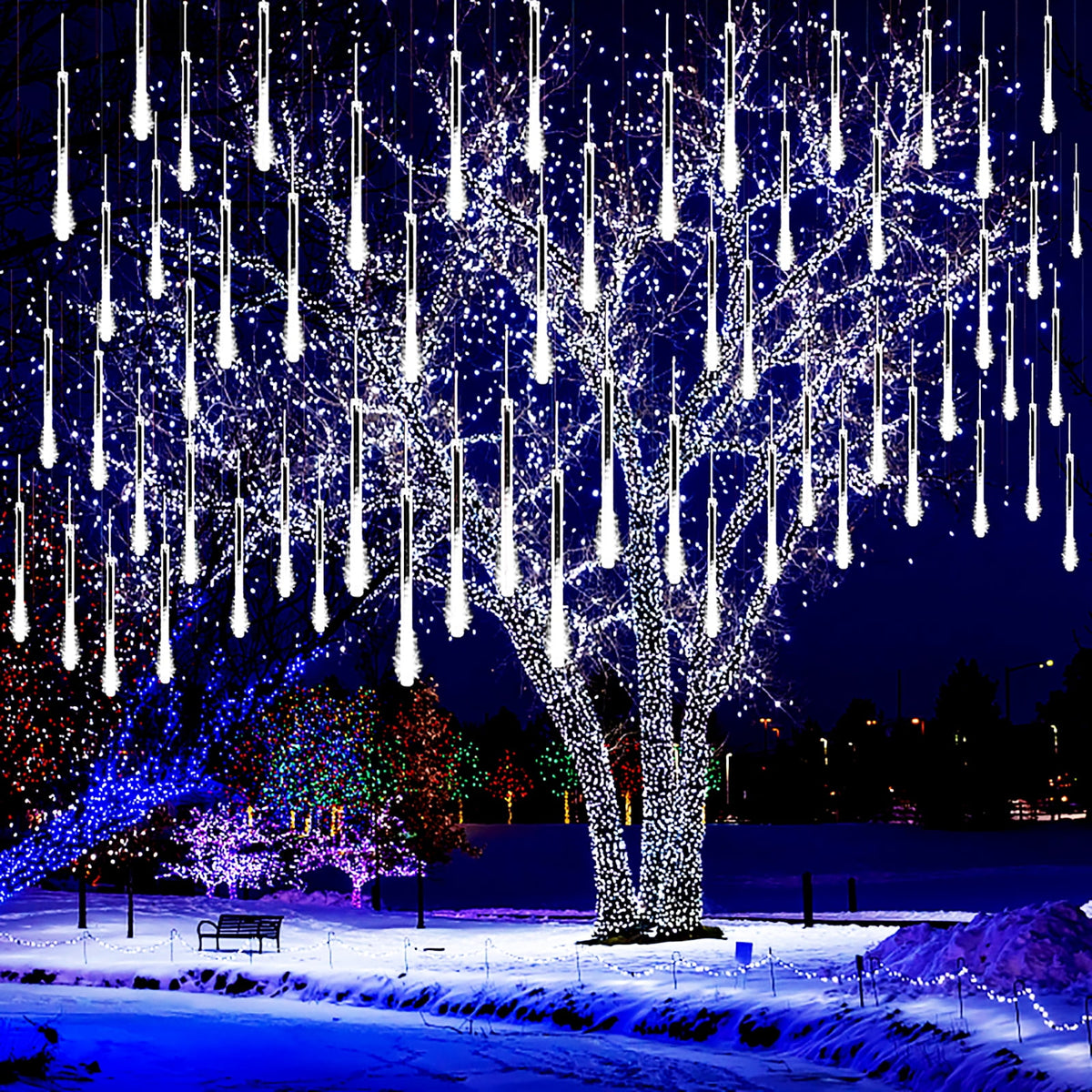 Kwaiffeo Christmas Lights, Meteor Shower Lights 12 inch Rain Falling Icicle Lights for Xmas Tree Halloween Decoration Wedding Party, Christmas Decorations Outdoor Yard, UL Plug Warm White