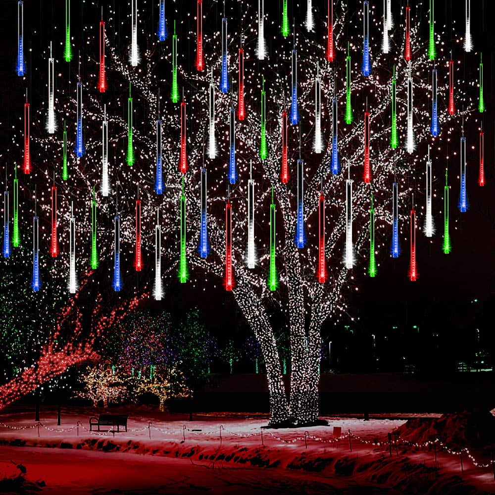 Kwaiffeo Christmas Lights, Meteor Shower Lights 12 inch Rain Falling Icicle Lights for Xmas Tree Halloween Decoration Wedding Party, Christmas Decorations Outdoor Yard, UL Plug Warm White