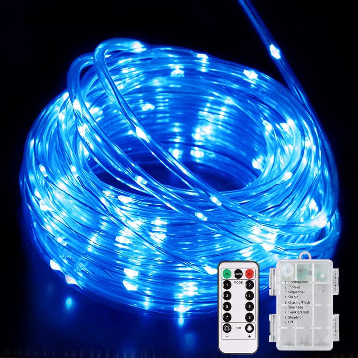 Christmas Tree Lights 23ft 50 LED Battery Operated Rope String Lights with 8 Modes Remote for Xmas Patio Home Garden Decorations, Blue