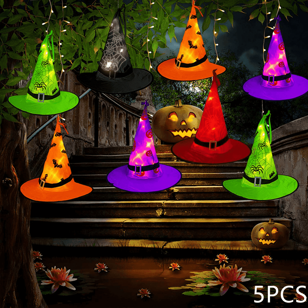 PMMIPNW Halloween Decorations Lighted Witch Hats Waterproof 5 PCS, Glowing Witch String Lights 12FT, Remote Control with 8 Modes for Outdoor Garden Halloween Party Decoration