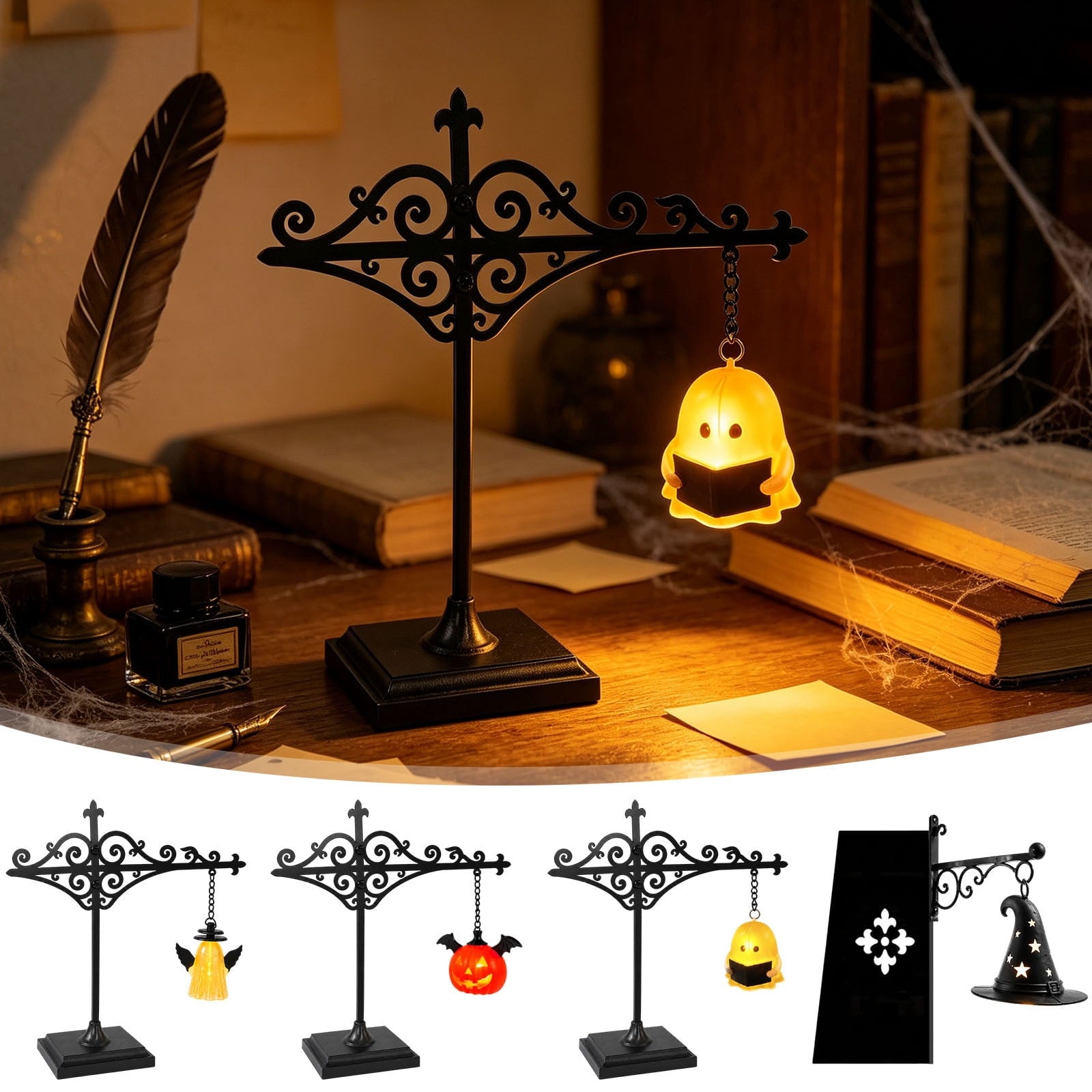 LOWLHOME Halloween Blow Mold Ghost with Black Cat, Halloween Glowing Spooky Decor Cute LED Lamp, Ghost Pumpkin Night Light, Shelf Battery Operated Table Ornament, 11.8"