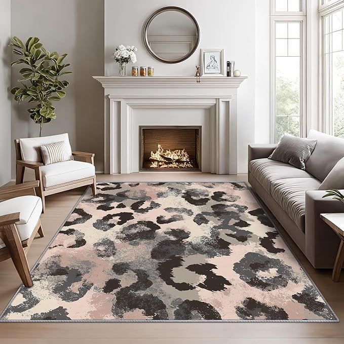 Leopard Print Rugs for Bedroom, Pink Animal Print Rug, Abstract Cheetah Area Rug, Girls Chic Washable Door Mat for Entryway, Kitchen, Rustic Leopard Home Decor & Gifts 5 x 7ft
