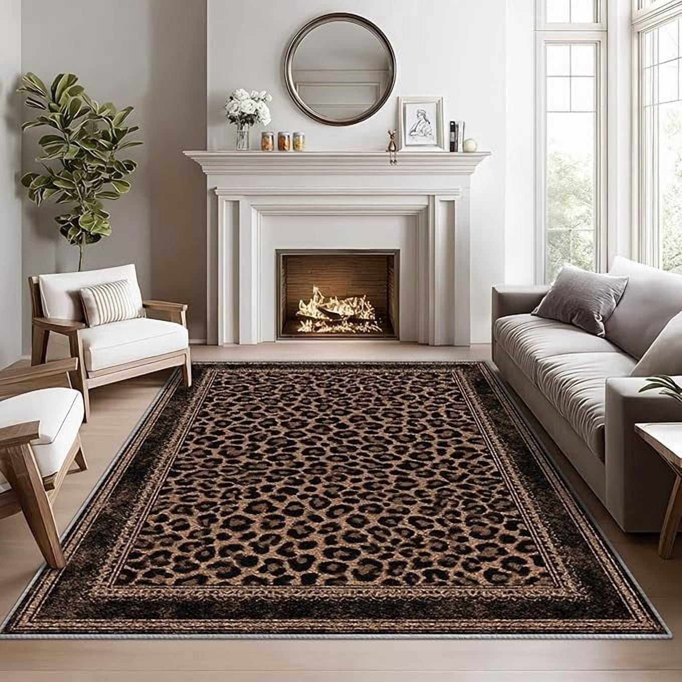 Leopard Print Rugs for Living Room, Leopard Rug, Brown Cheetah Area Rug, Luxury Animal Print Washable Door Mat for Entryway, Kitchen, Wildlife Home Decor & Gifts 4 x 5ft