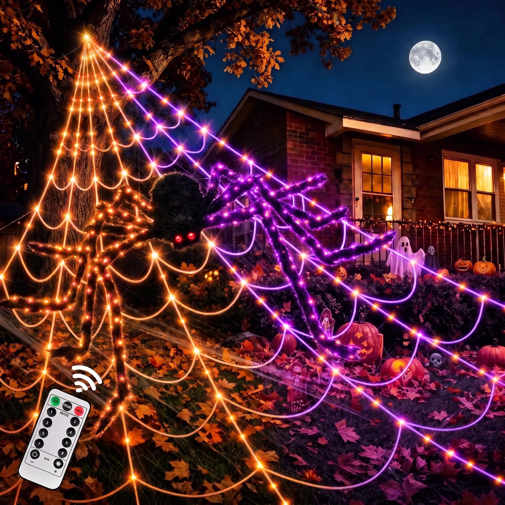 Leyaron Halloween Decorations Outdoor, 350 LED Halloween Spider Web String Lights with 79" Lighted Spider for Outdoor Garden Party Yard Porch Home Decor