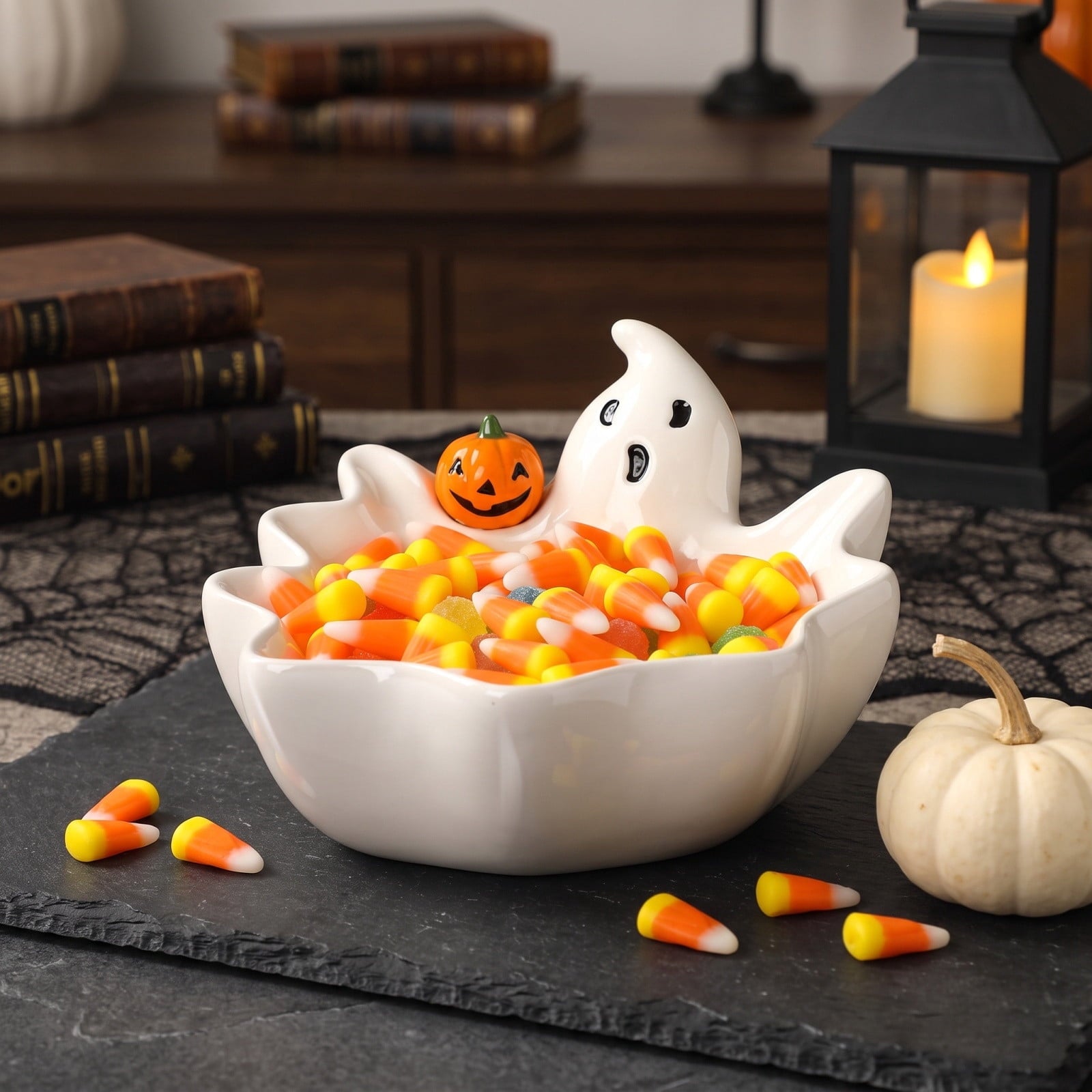 Diceymbol Halloween Pumpkin Snack Bowl Stand Collapsible Broomstick Candy Tray for Cupcakes & Desserts, Resin Serving Platter with Ceramic Pumpkin Bowls