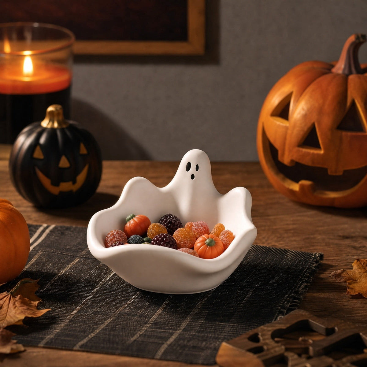 Diceymbol Halloween Pumpkin Snack Bowl Stand Collapsible Broomstick Candy Tray for Cupcakes & Desserts, Resin Serving Platter with Ceramic Pumpkin Bowls