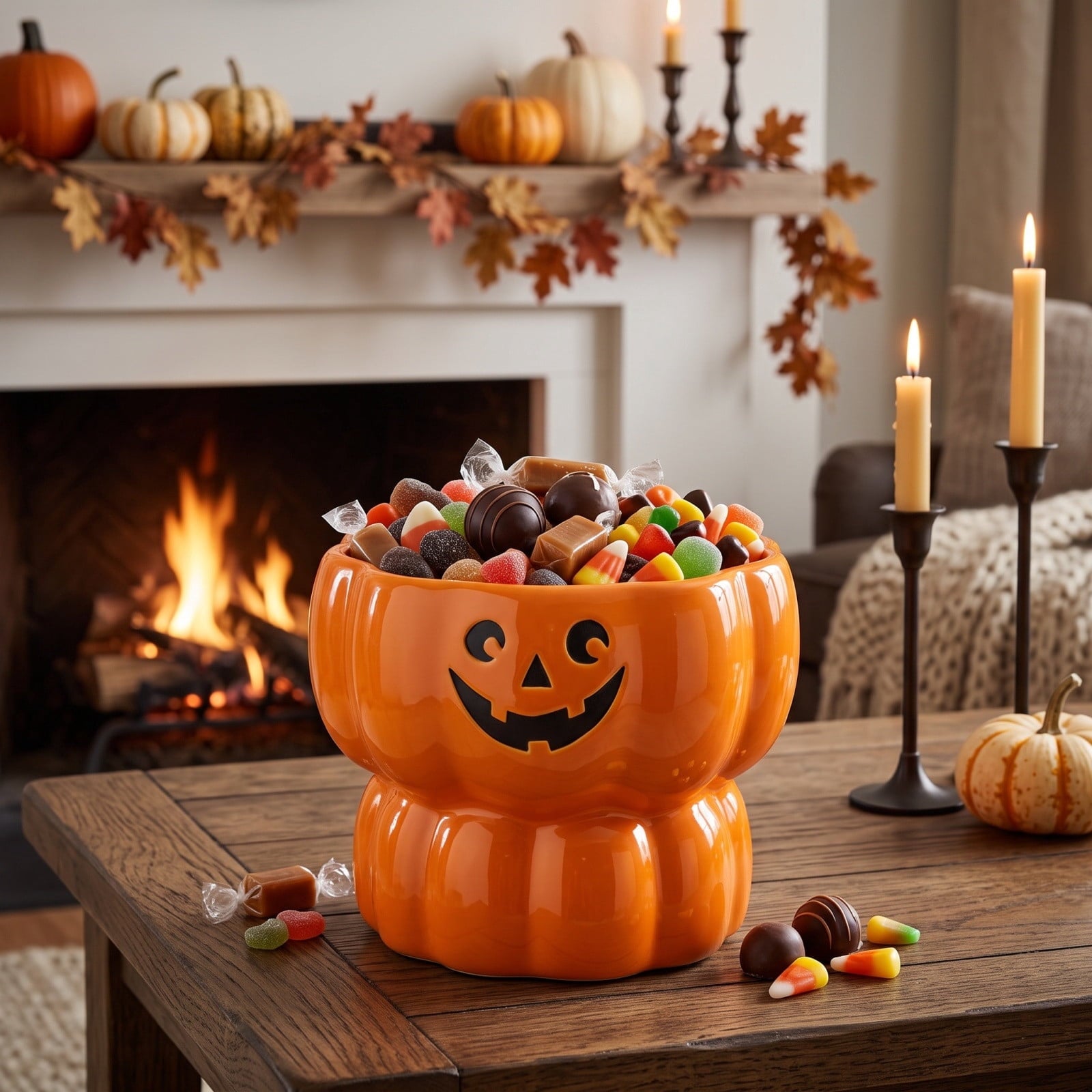 Diceymbol Halloween Pumpkin Snack Bowl Stand Collapsible Broomstick Candy Tray for Cupcakes & Desserts, Resin Serving Platter with Ceramic Pumpkin Bowls