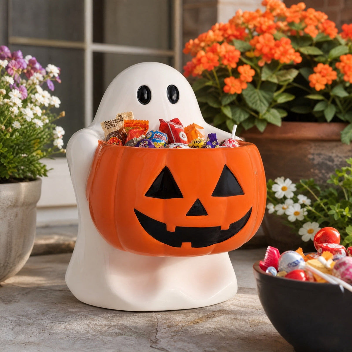 Diceymbol Halloween Pumpkin Snack Bowl Stand Collapsible Broomstick Candy Tray for Cupcakes & Desserts, Resin Serving Platter with Ceramic Pumpkin Bowls