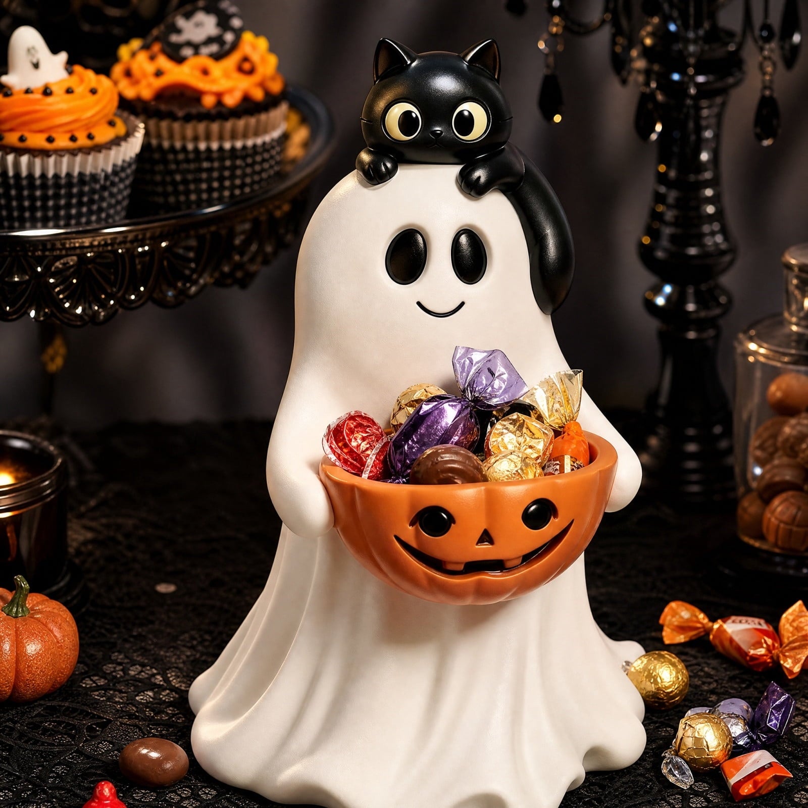 Diceymbol Halloween Pumpkin Snack Bowl Stand Collapsible Broomstick Candy Tray for Cupcakes & Desserts, Resin Serving Platter with Ceramic Pumpkin Bowls