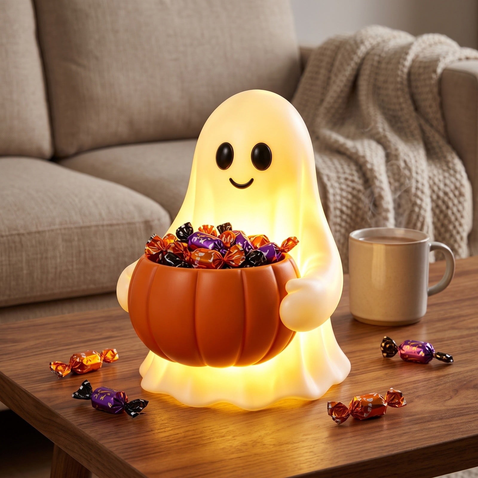 Diceymbol Halloween Pumpkin Snack Bowl Stand Collapsible Broomstick Candy Tray for Cupcakes & Desserts, Resin Serving Platter with Ceramic Pumpkin Bowls