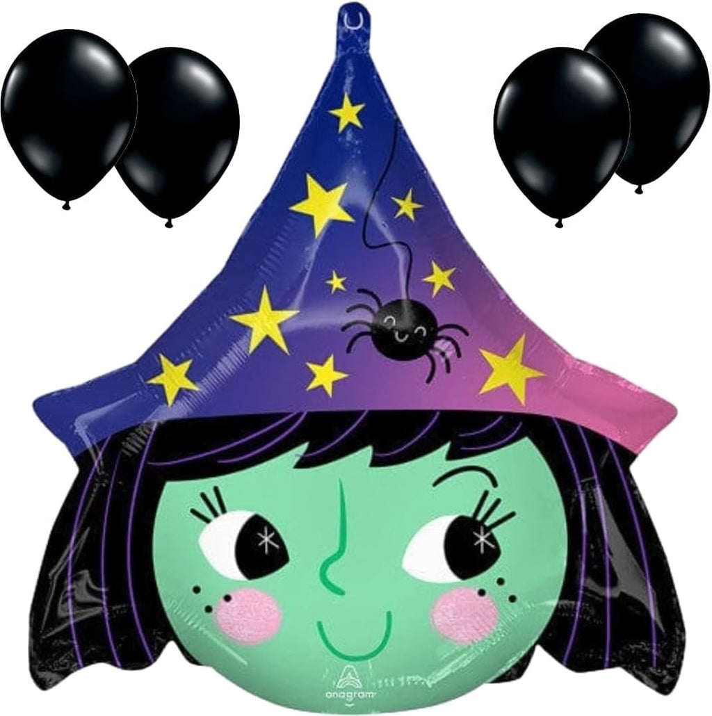 LoonBalloon 17" Cute Witch Foil Balloon with 4 Black Latex Balloons – Halloween Party Decoration