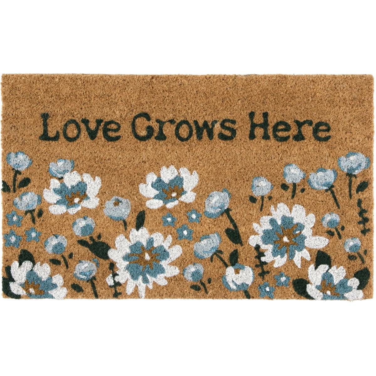 Lypsnake Natural Coco Coir Doormat - "Love Grows Here" Printed with Delicate Floral Pattern, Non-slip Absorbent Entry Mat for Home Entrance Porch Patio and Outdoor Decoration