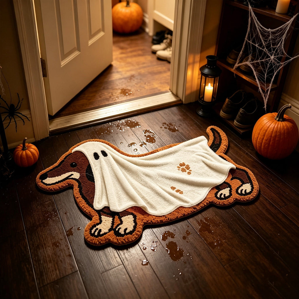 MMJ Halloween Doormat Dachshund Ghost Shape Soft Faux Non Slip Floor Mat for Entryway Bathroom Home 23.62x15.75in