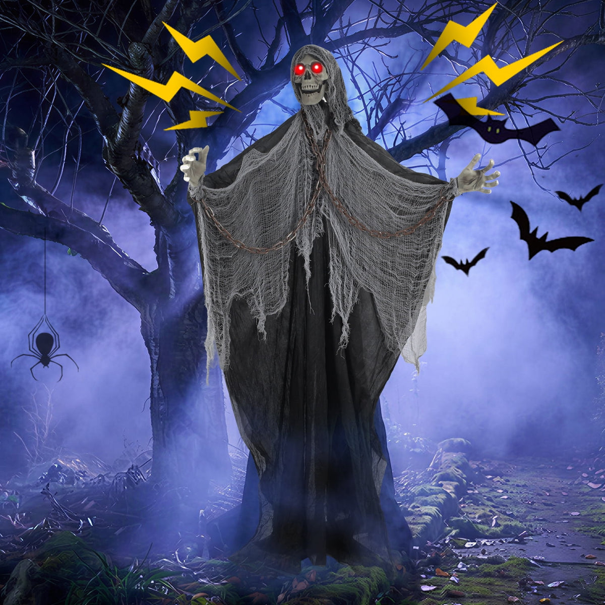 Magotan 6ft Halloween Outdoor Skeleton Ghost Decorations, Sound Controlled Swinging Scary Skeleton Ghost Halloween Decoration for Outdoor Garden Porch Yard Decor,Red