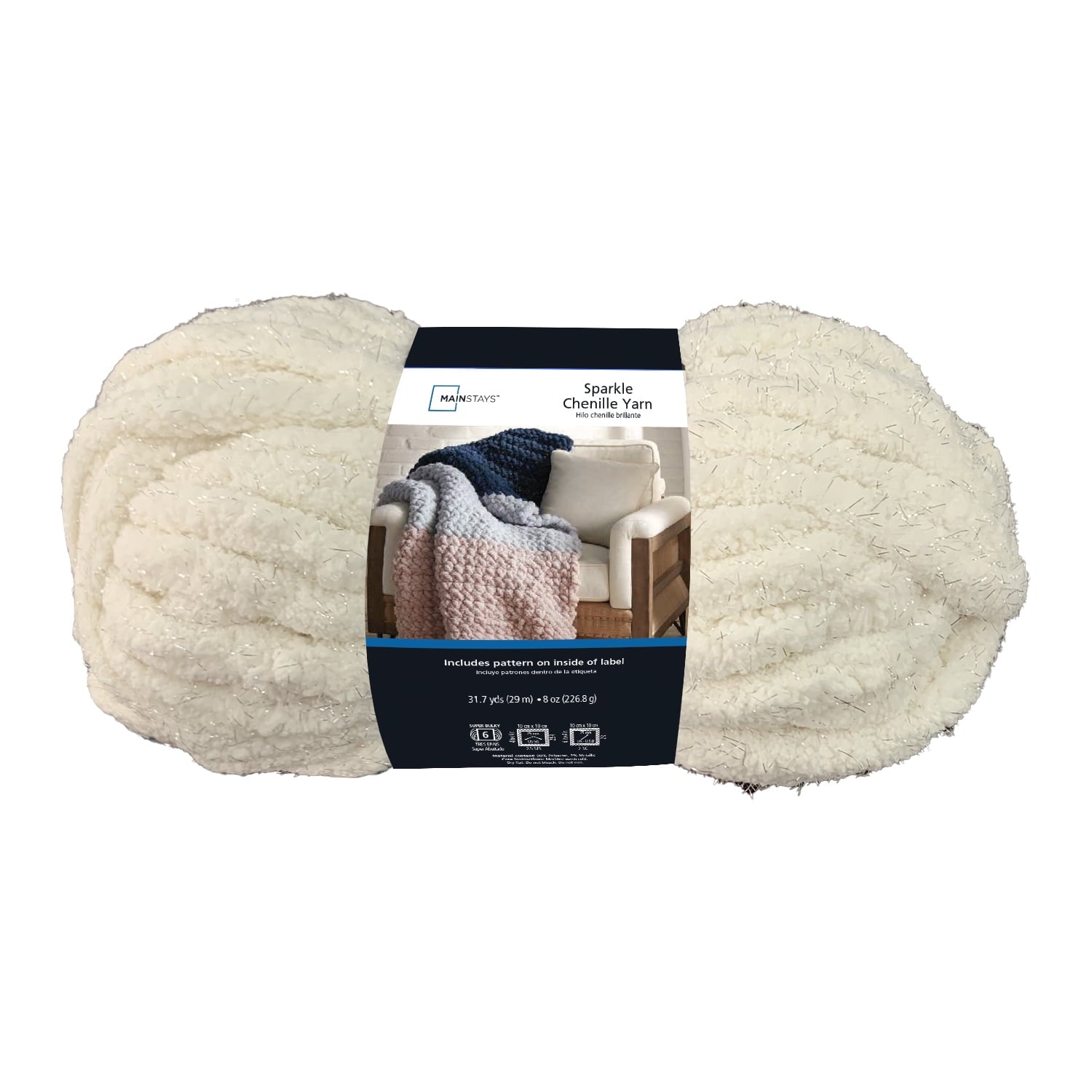 Mainstays Chunky Chenille Yarn, 31.7 yd, Ivory, 100% Polyester, Super Bulky