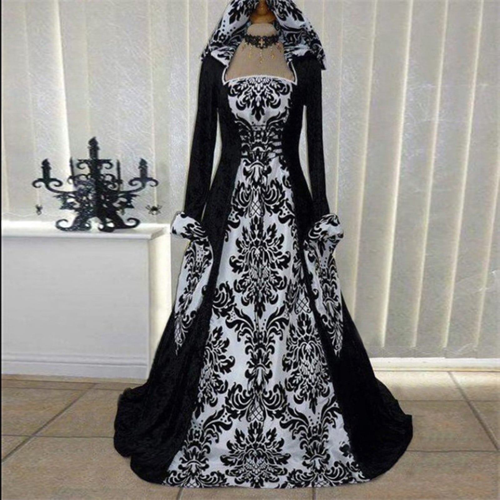 Medieval Damask Gown, Renaissance Witch Costume, Halloween Vampire Dress, Bell Sleeve Hooded Gown, Women Victorian Gothic Hooded Witch Dress Vampire Sorceress Vintage Renaissance Ball Gown, Red L