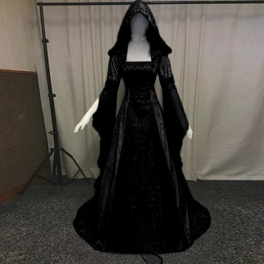 Medieval Renaissance Hooded Dress for Women, Silver Gothic Witch Costume with Lace-Up Corset, Vintage Velvet Long Sleeve Gown for Halloween Cosplay Renaissance Wedding Themed Party-Dark Blue/L