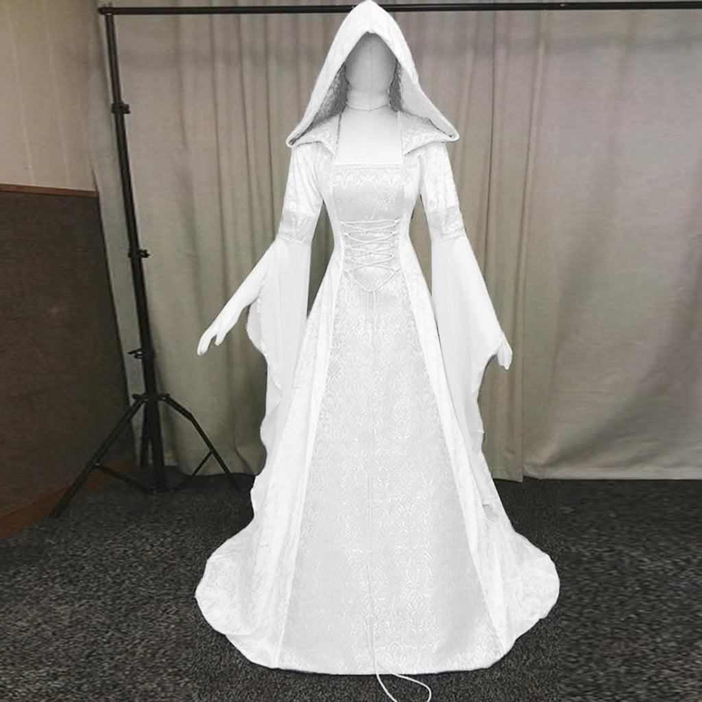Medieval Renaissance Hooded Dress for Women, Silver Gothic Witch Costume with Lace-Up Corset, Vintage Velvet Long Sleeve Gown for Halloween Cosplay Renaissance Wedding Themed Party-Dark Blue/L