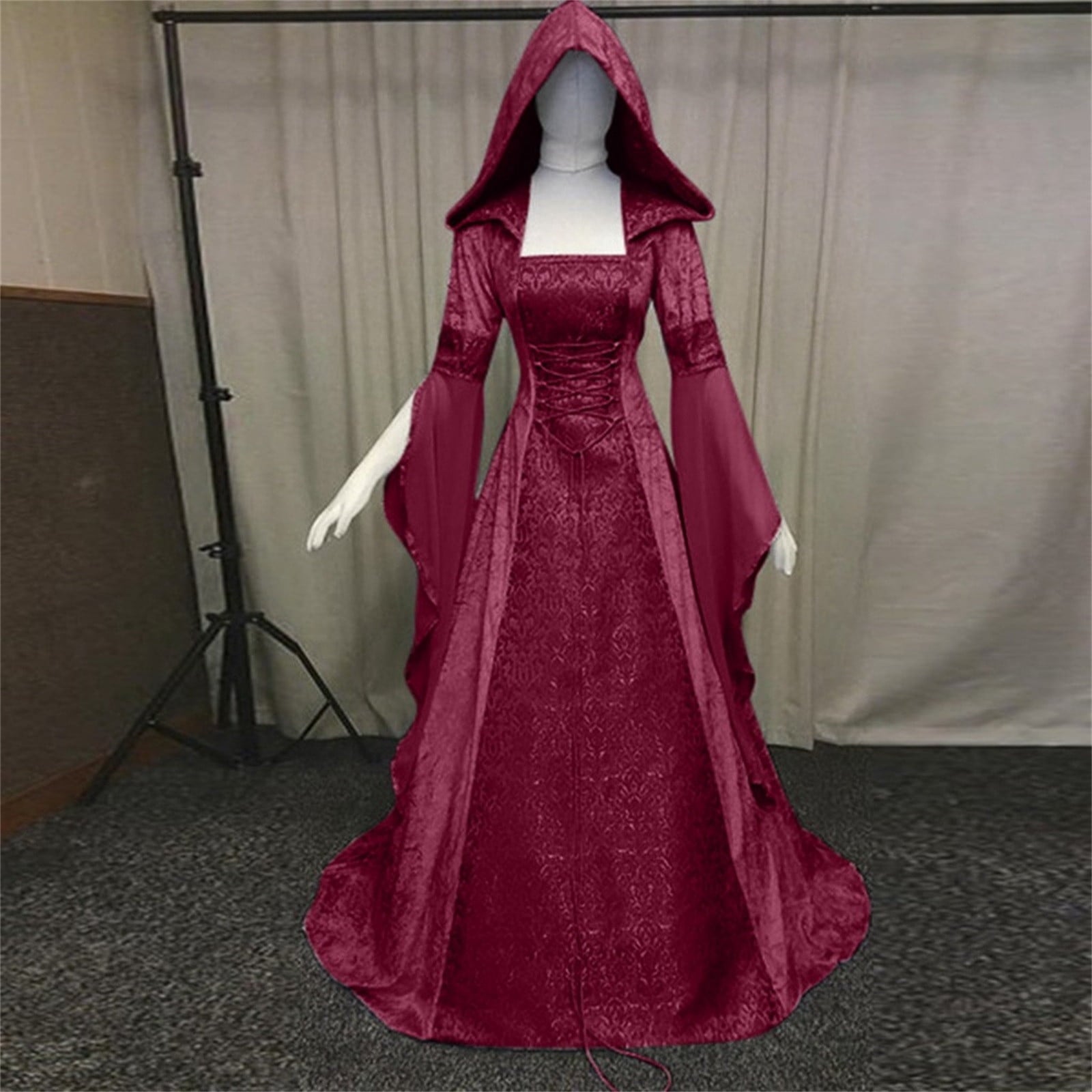 Medieval Renaissance Hooded Dress for Women, Silver Gothic Witch Costume with Lace-Up Corset, Vintage Velvet Long Sleeve Gown for Halloween Cosplay Renaissance Wedding Themed Party-Dark Blue/L