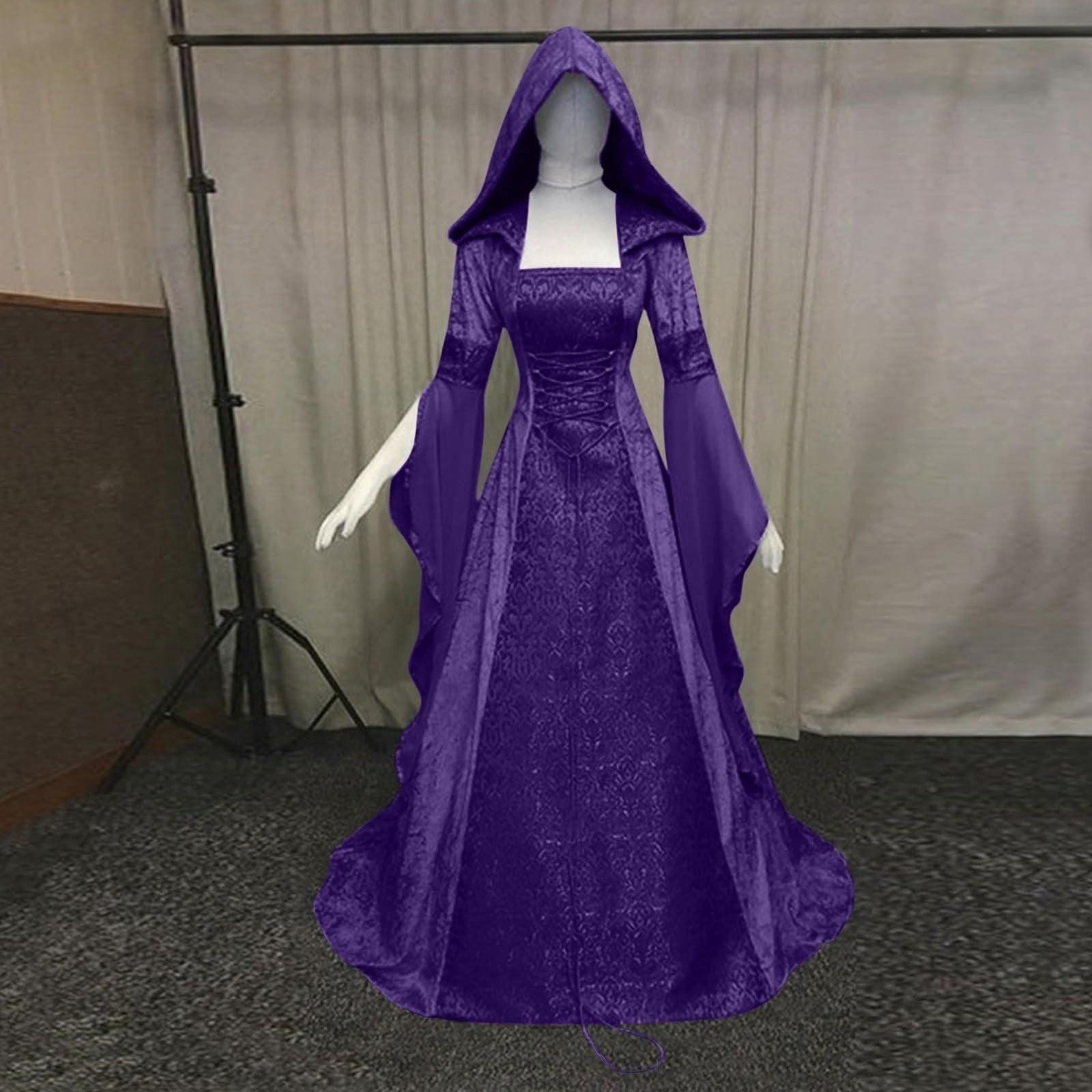 Medieval Renaissance Hooded Dress for Women, Silver Gothic Witch Costume with Lace-Up Corset, Vintage Velvet Long Sleeve Gown for Halloween Cosplay Renaissance Wedding Themed Party-Dark Blue/L
