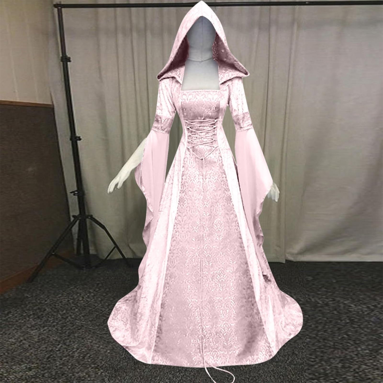 Medieval Renaissance Hooded Dress for Women, Silver Gothic Witch Costume with Lace-Up Corset, Vintage Velvet Long Sleeve Gown for Halloween Cosplay Renaissance Wedding Themed Party-Dark Blue/L