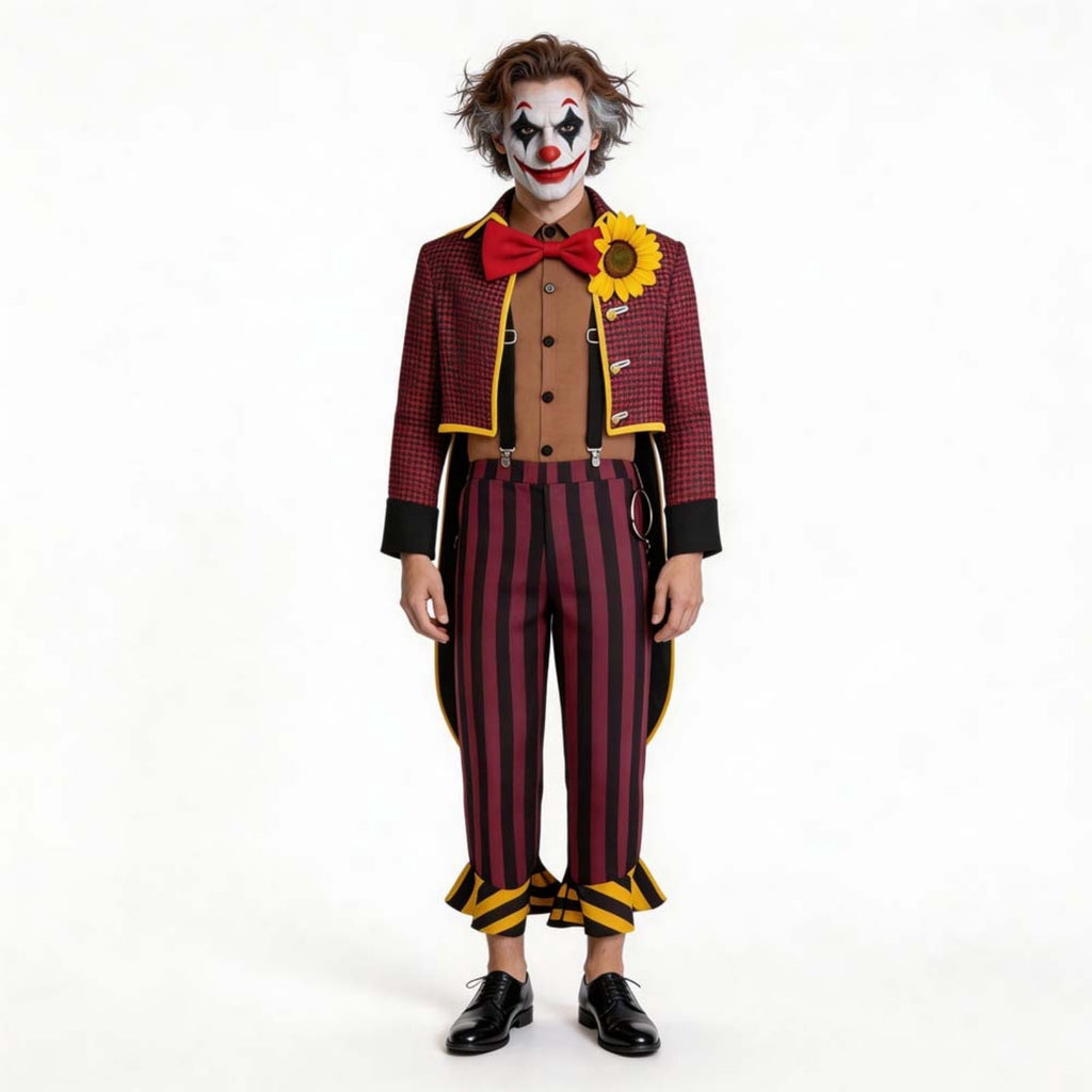 Men Halloween Circus Clown Costume Set Checked Jacket Striped Pants Vintage Jester Carnival Performer Cosplay Outfit