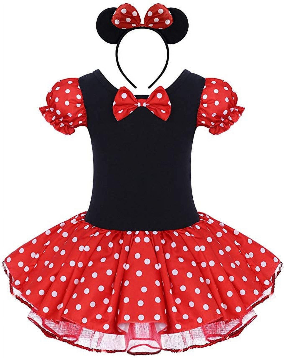 KAWELL Toddler Girls Polka Dot Tutu Dress with Ear Headband, Kids Character Inspired Costume Outfit for Halloween, Theme Park, Birthday Party, Child 4-5Y