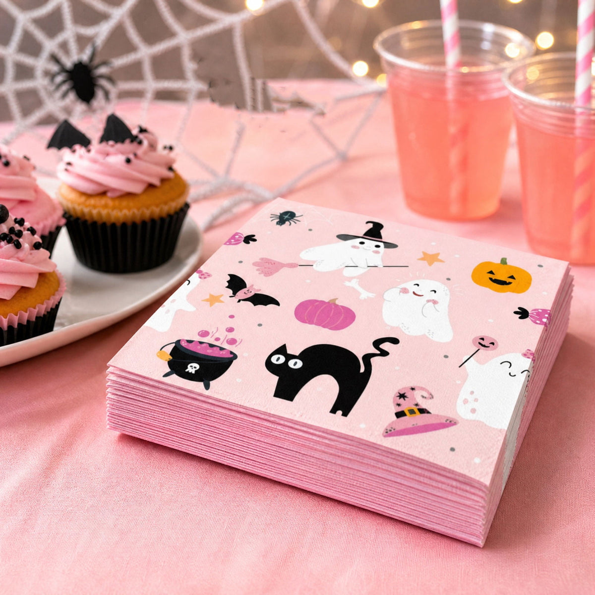Miwamany Pink Halloween Paper Napkins 20pc, Disposable Ghost Party Tableware, Festive Spooky Luncheon Napkins for Home Kitchen Dining Decoration