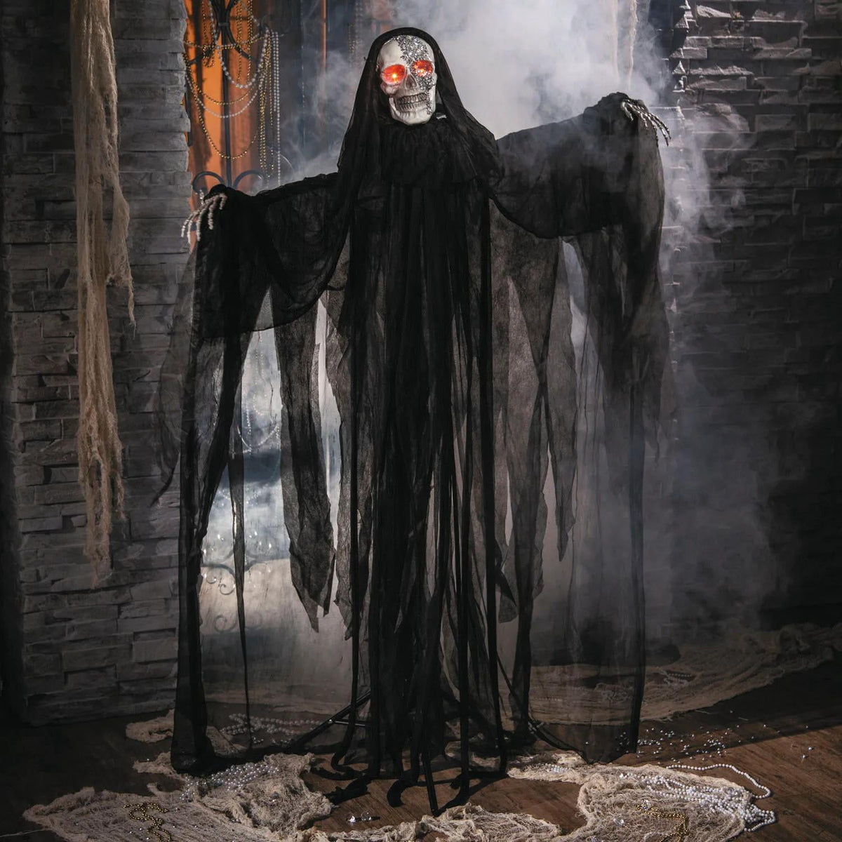 5 Ft. 4 3/4" Animated Standing Light-Up Skeleton Man with Bling Halloween Decoration