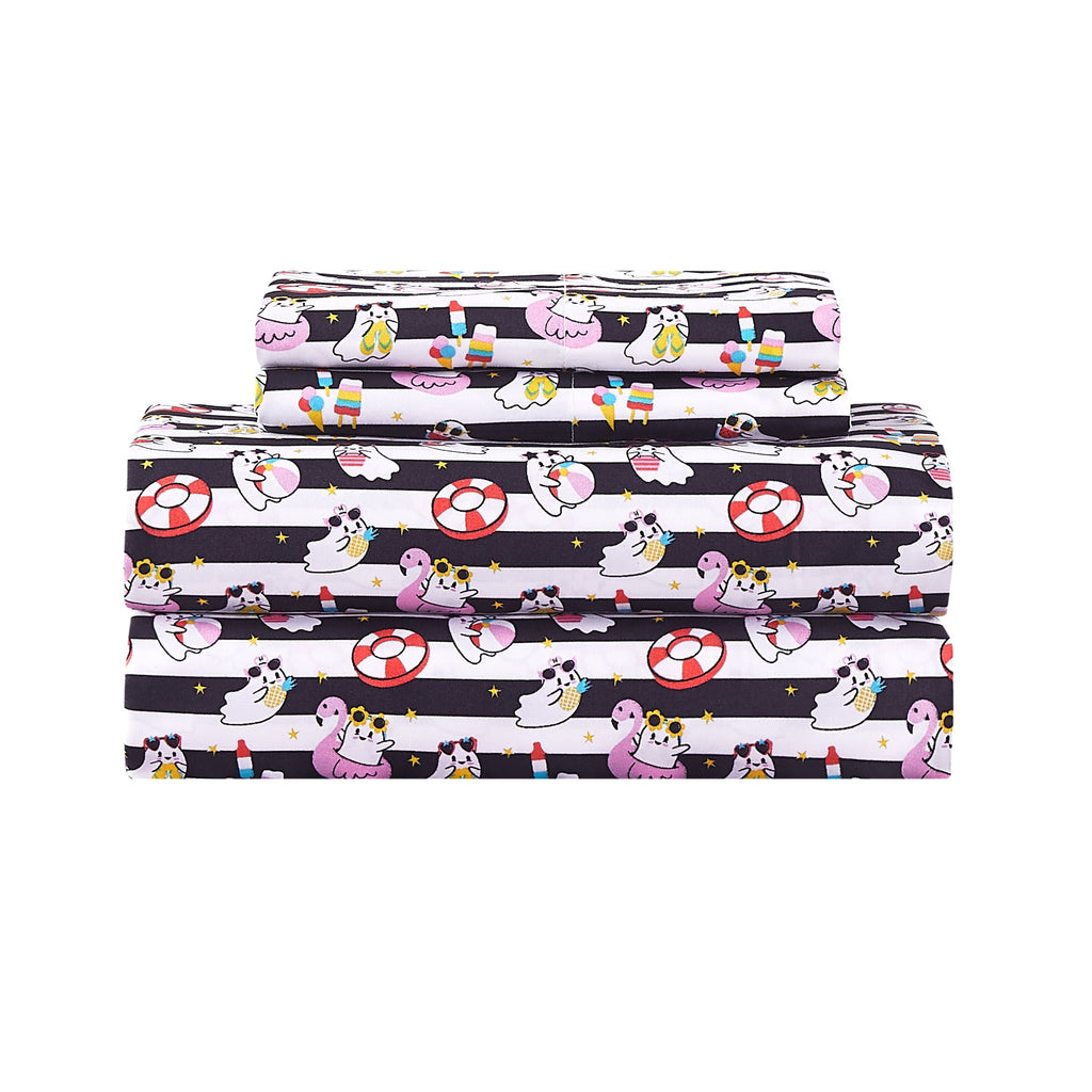 Summerween Crafted by Catherine Full 4-Piece Sheet Set, Black & White Nautical Ghosts