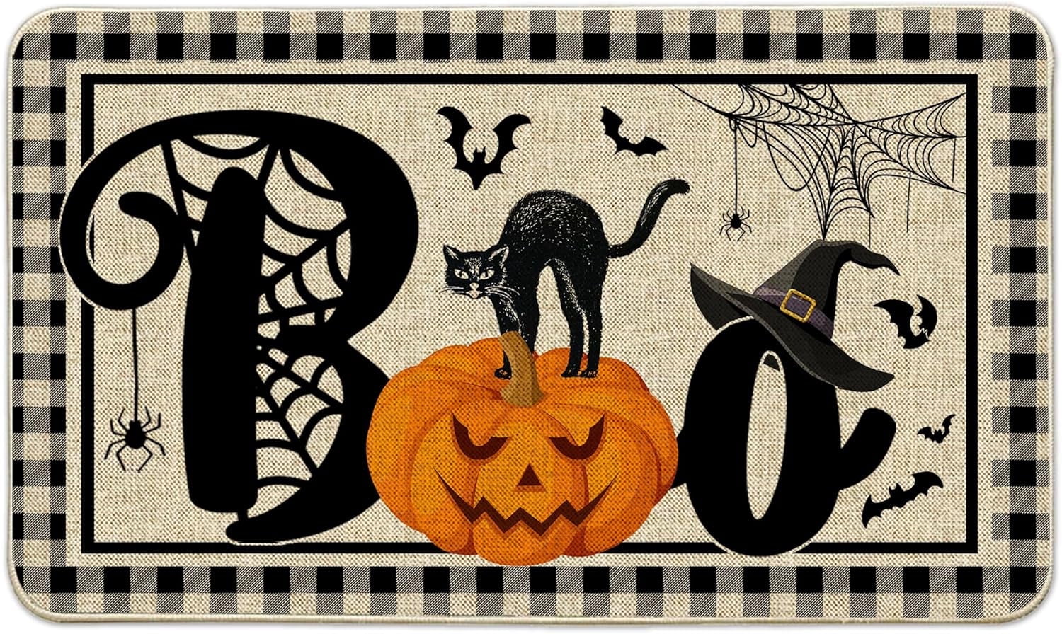 NIETEIN Halloween Door Mat Pumpkin Cat Gnomes Non-Slip Washable 31.5x19.7 Inch (Black Cat Pumpkin Bat)