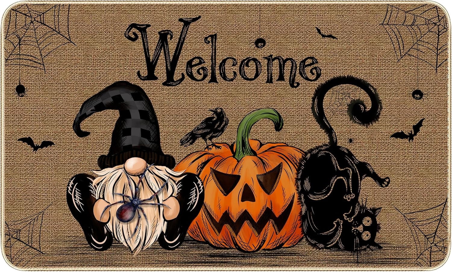 NIETEIN Halloween Door Mat Pumpkin Cat Gnomes Non-Slip Washable 31.5x19.7 Inch (Black Cat Pumpkin Dwarf)