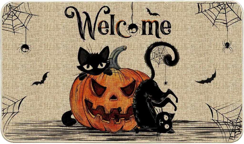 NIETEIN Halloween Door Mat Pumpkin Cat Gnomes Non-Slip Washable 31.5x19.7 Inch (Black Cat Pumpkin)