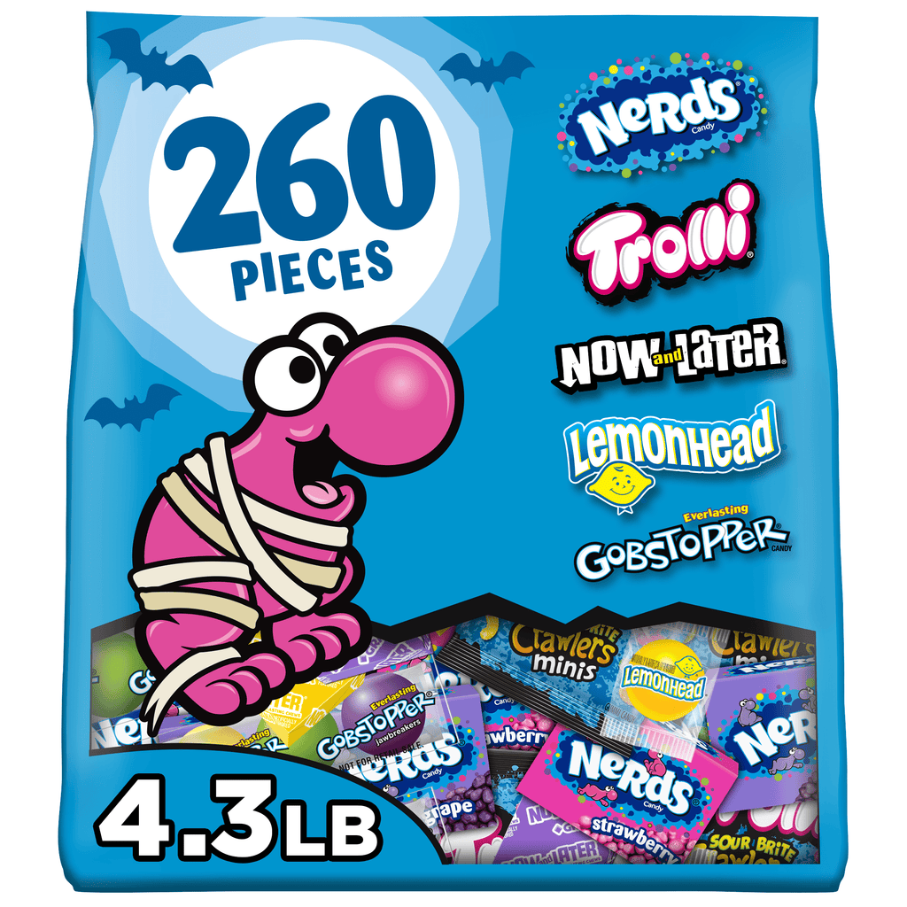 Nerds Classic Fun Halloween Trick-or-Treat Variety Bag, Trolli, Now and Later, Lemonhead, Gobstopper, and NERDS Original, 260 Pieces, 68.8 Ounces