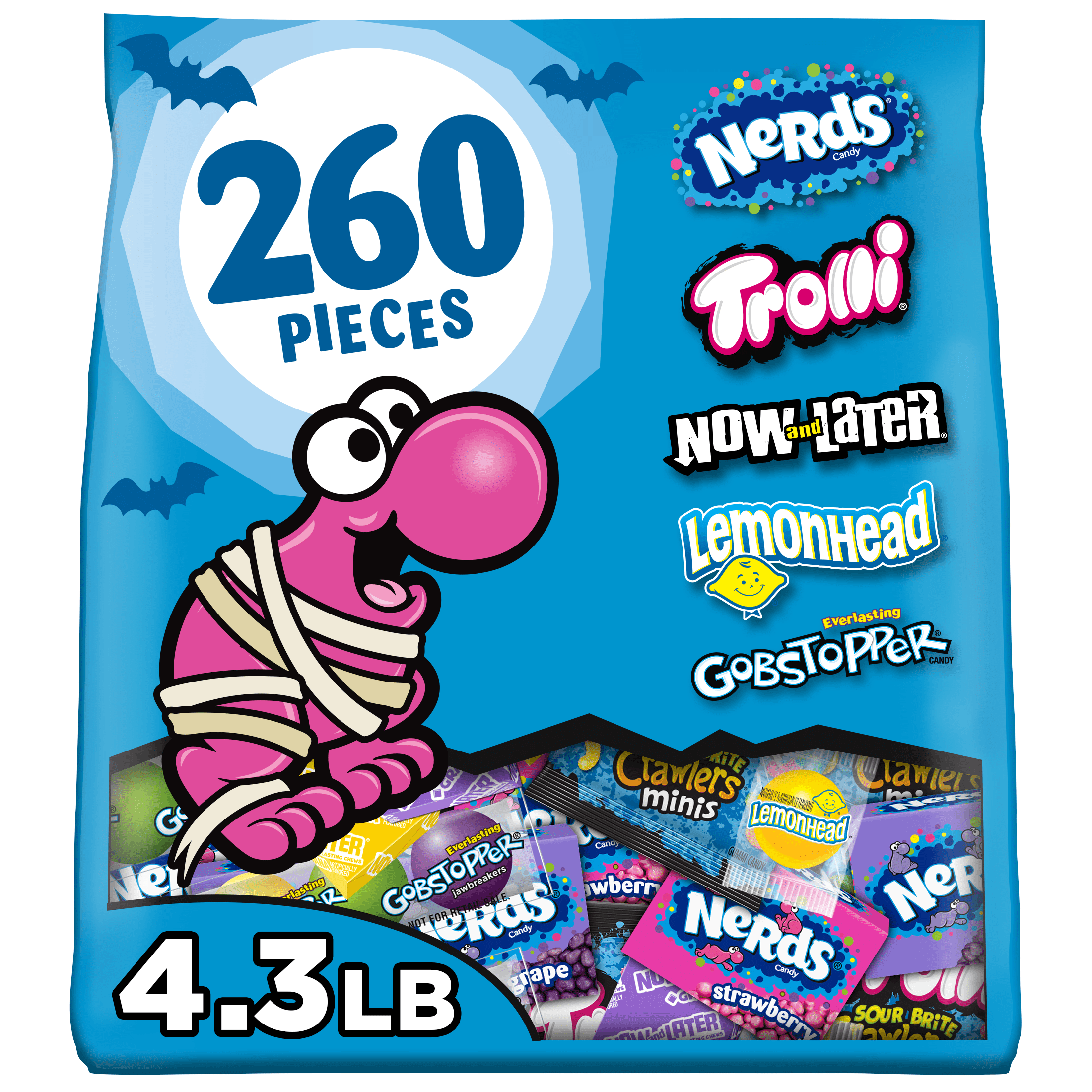 Nerds Classic Fun Halloween Trick-or-Treat Variety Bag, Trolli, Now and Later, Lemonhead, Gobstopper, and NERDS Original, 260 Pieces, 68.8 Ounces