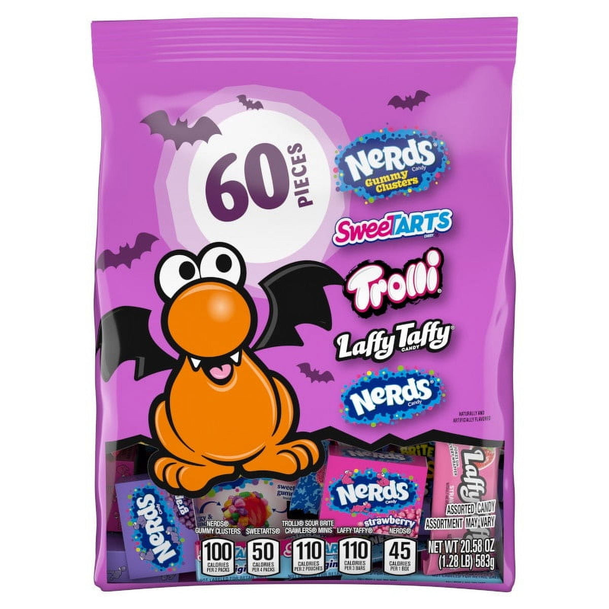 Nerds Core Winners Halloween Trick-or-Treat Variety Bag, NERDS Gummy Clusters, SweeTARTS, Trolli, Laffy Taffy, and NERDS Original, 60 Pieces, 20.58 Ounces