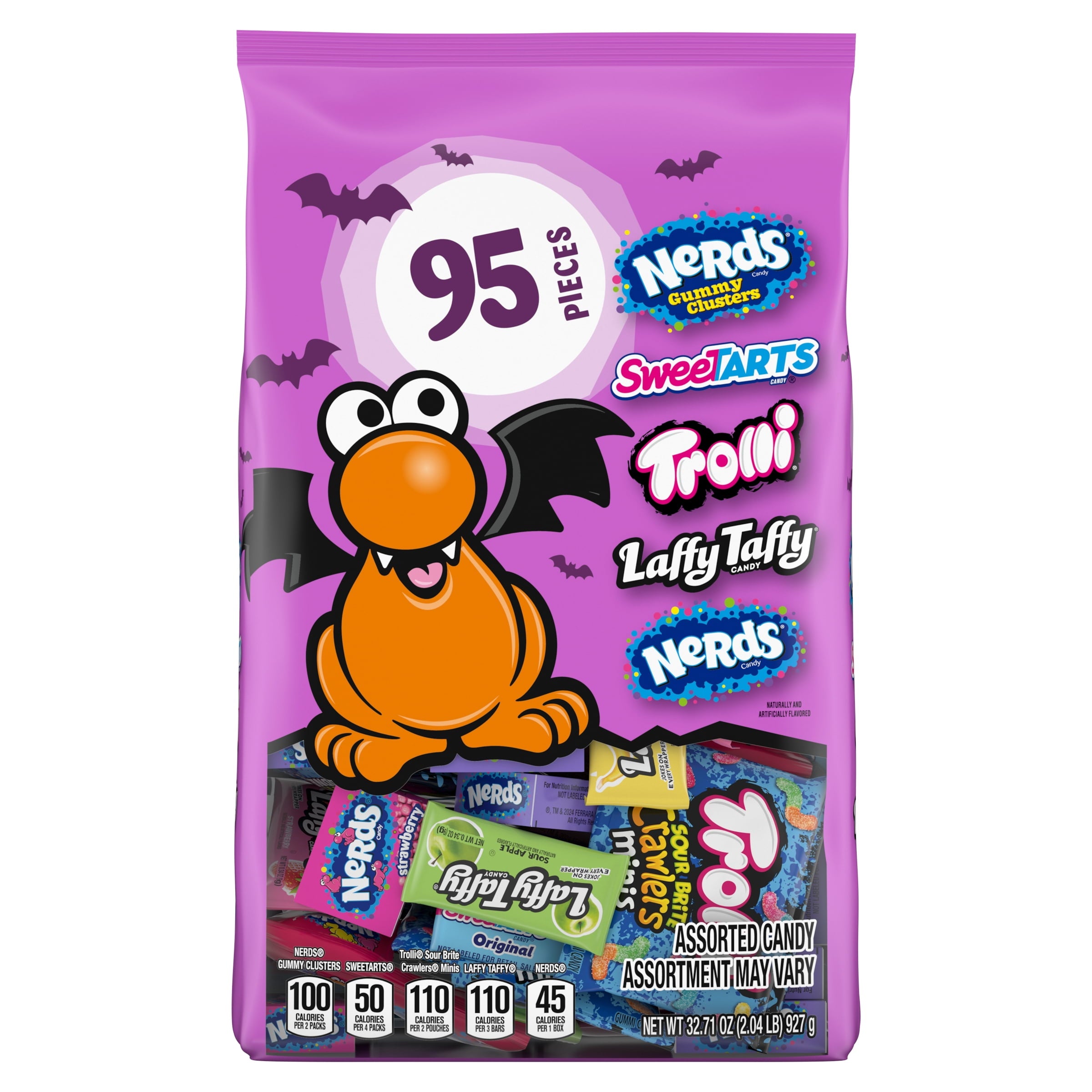Nerds Core Winners Halloween Trick-or-Treat Variety Bag, NERDS Gummy Clusters, SweeTARTS, Trolli, Laffy Taffy, and NERDS Original, 95 Pieces, 32.71 Ounces